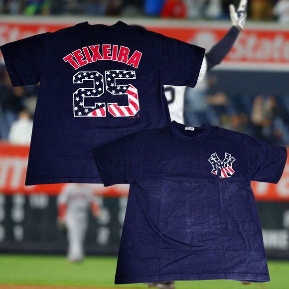 New York Yankees Mark Teixeira Majestic July 4th Red/White/Blue Shirt Sz. XL - Picture 1 of 7
